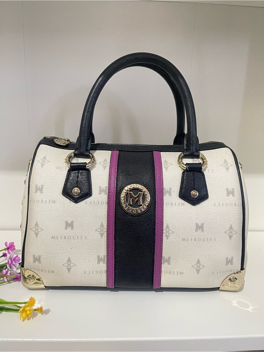 Metrocity White, Black & Purple Logo Satchel bag with strap